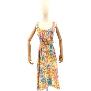 Le Bain Par Molly Bracken Pink Floral 100% Cotton Belted Midi Sundress